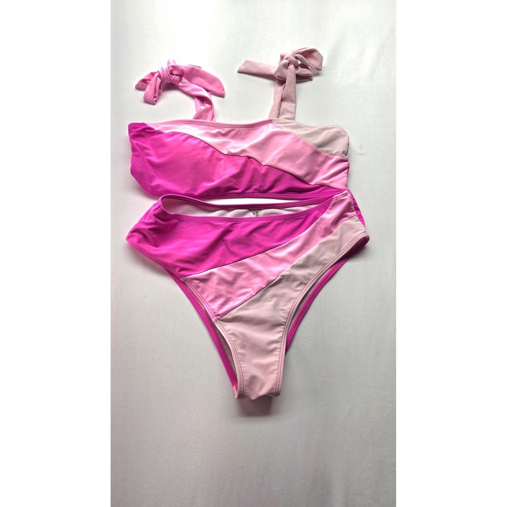 Pink Colorblock Two Piece Bikini Set Tie Shoulder High Waist Swimsuit Large